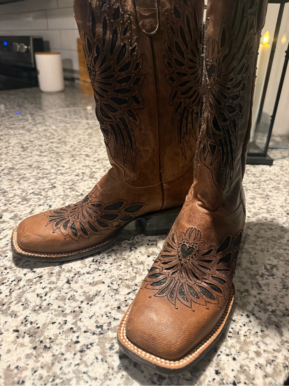 Brown Leather Western Boots with Cutout heart/wing Design